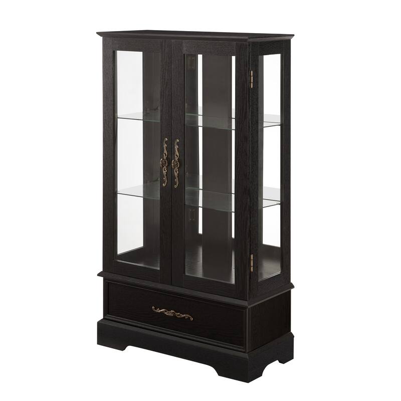 Lighted Glass Curio Cabinet with Adjustable Shelves - Elegant 2-Door Display Cabinet & Built-in Drawer, Includes Bulb