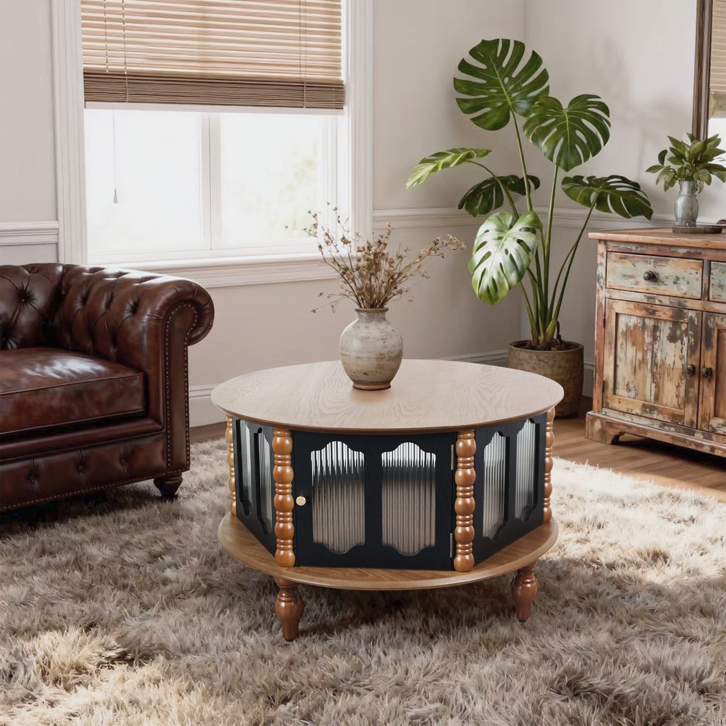 31.5-inch Round Three-Door Storage Coffee Table, Modern Real Wood Veneer Coffee Table, Suitable for Living Room