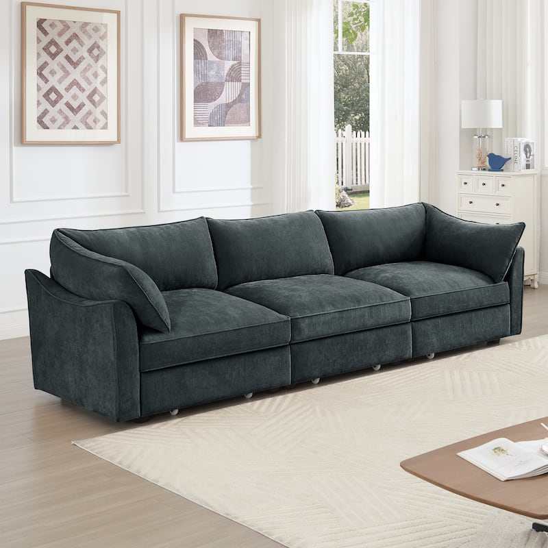 Rossetta 3-Seater Crescent Armrests Sofa with Pull-Out Storage Drawers and Wraparound Cushions in Classic Color Chenille
