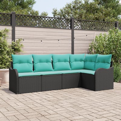 vidaXL 5 Garden Sofa Set with Cushions Black Poly Rattan - 91.5 x 48.2 x 27.2