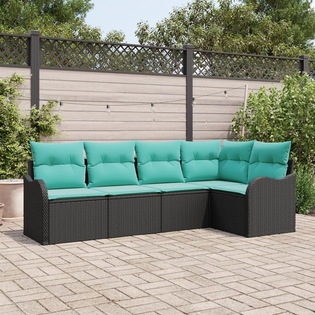 vidaXL 5 Garden Sofa Set with Cushions Black Poly Rattan - 91.5 x 48.2 x 27.2