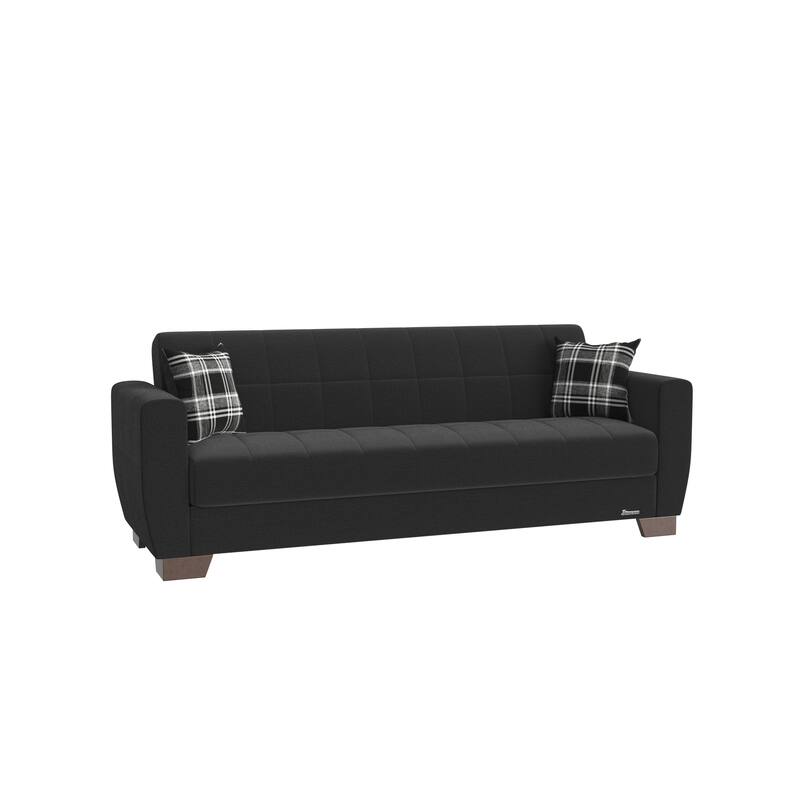 HomeRoots 84" Black Chenille Convertible Futon Sleeper Sofa And Toss Pillows With Storage