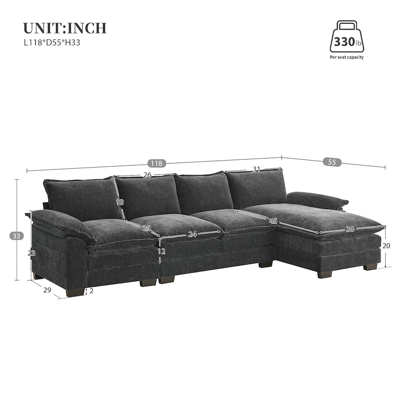 Chenille Upholstered Sectional Sofa with Chaise and Storage Pockets, 5 Seat Lounge Cloud Couch L-shaped Recliner Couches