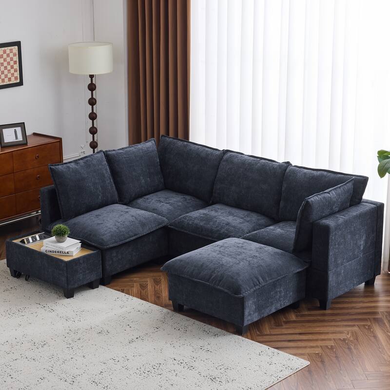 U-Shaped Sectional Sofa with Ottoman, Coffee Table with Hidden Charging Devices, Oversized Chenille Upholstered Cloud Sofa