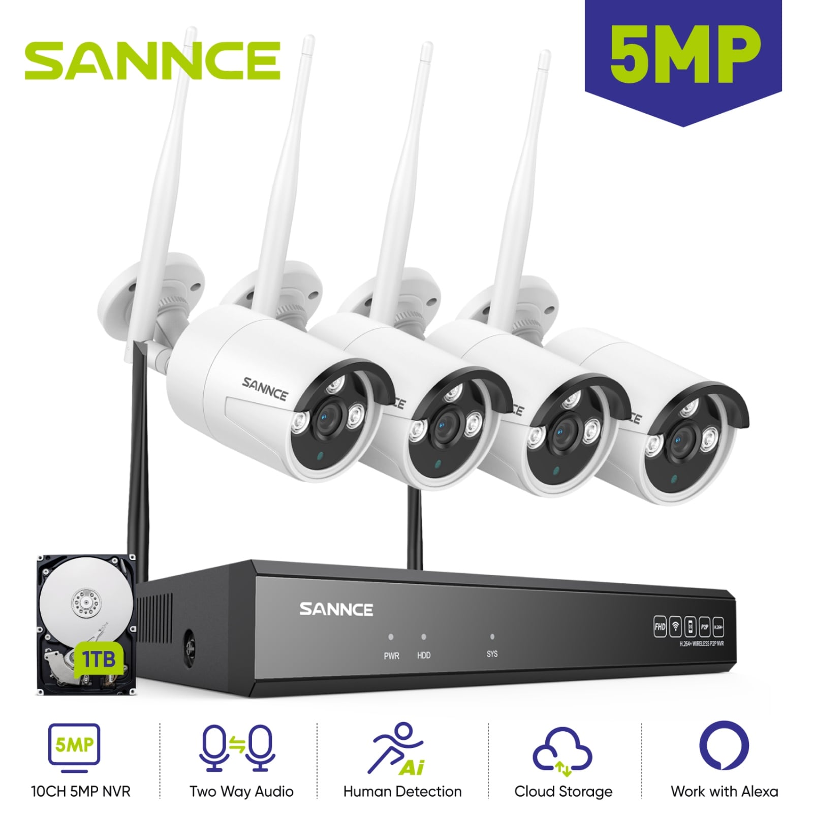 SANNCE Wireless Security Camera System, 10CH 5MP NVR With