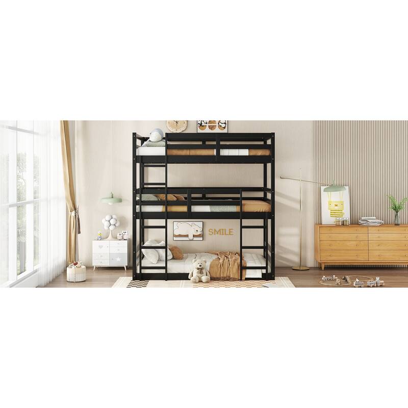 Roomfitters Triple Rubber Wood Bunk Bed, Detachable Twin over Twin over Twin with Ladders and Guardrails