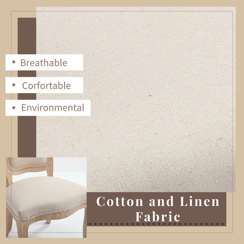 Cotton Linen Dining Chairs Set of 2, Upholstered Armless Side Chair, Kitchen Chairs with Fan-Shaped Back & Solid Wood Legs