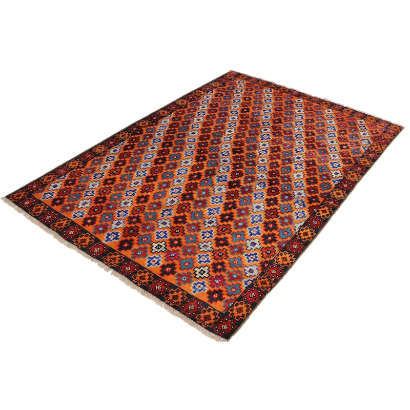 Tribal Balochi Hanna Orange/Black Hand Knotted Wool Rug - 5'1'' x 6'8''