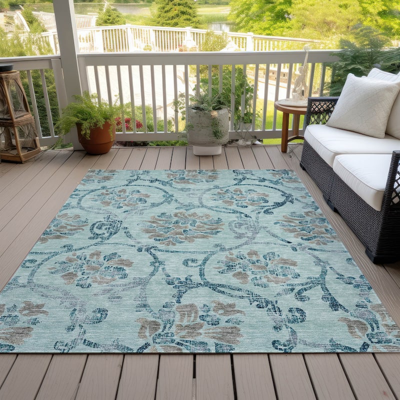Machine Washable Indoor/ Outdoor Chantille Scroll Floral Rug - Teal - 8' x 10'