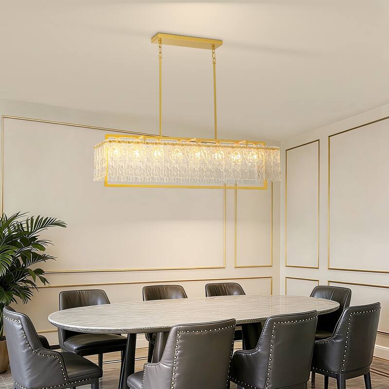 8-Light Gold Rectangular Chandelier with Water-Ripple Glass for Dining Room - 41.7 in. W x 11 in. D x 11.8 in. H
