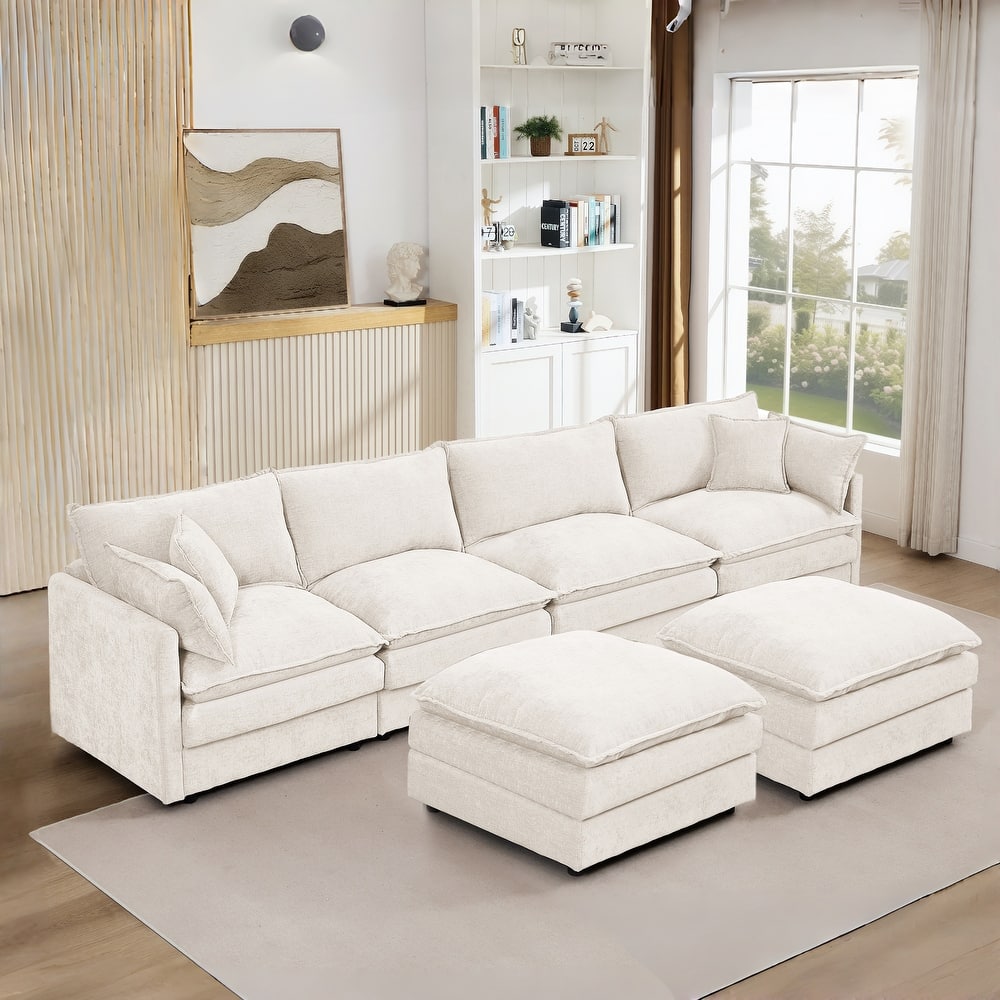 U Shaped Modular Sectional Sofa with Movable Ottoman, Comfy Chenille 4-Seater Cloud Couch, High-Resiliency Foam Deep Seat Sofa