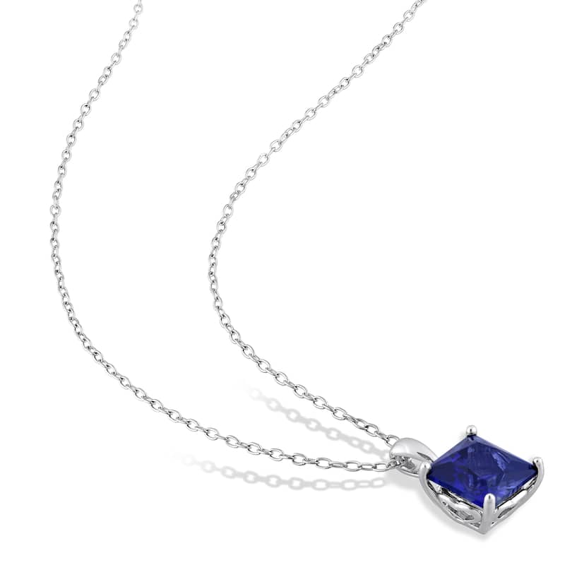 Miadora 9 1/6ct TGW Square Created Blue Sapphire Solitaire Necklace & Stud Earrings Set Sterling Silver
