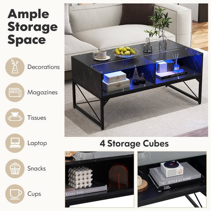 Gymax High-gloss LED Coffee Table w/ Faux Marble & Tempered Glass Top