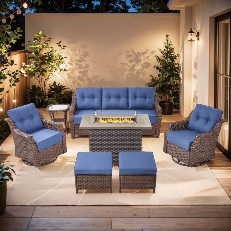 Pocassy Sofa Funiture with Fire Pit Table - Brown Wicker & Blue Cushion - 7-Piece Sofa Chair with Rectangle Fire Table