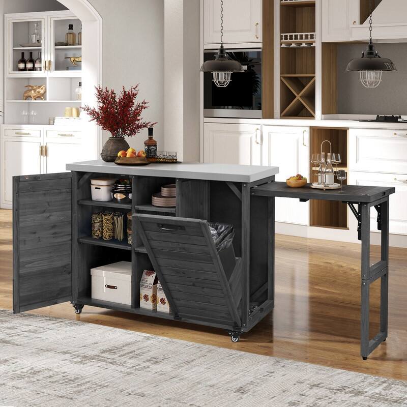 78.3" Outdoor Kitchen Island with Extendable Table, Trash Can Storage and Stainless Steel Top for BBQ Cooking