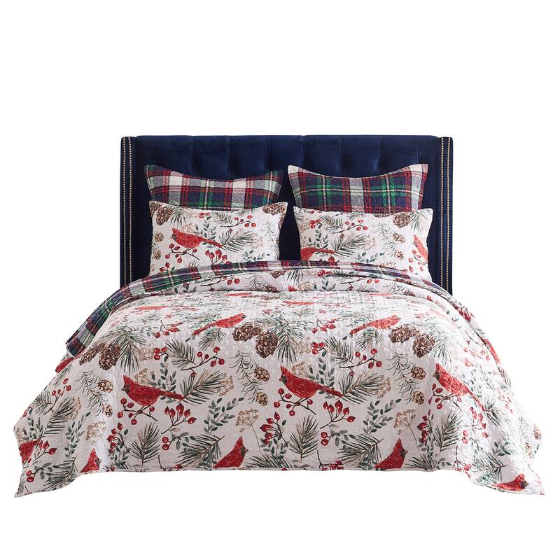 Greenland Home Cardinal Plaid Winter Wonderland Reversible Quilt Set