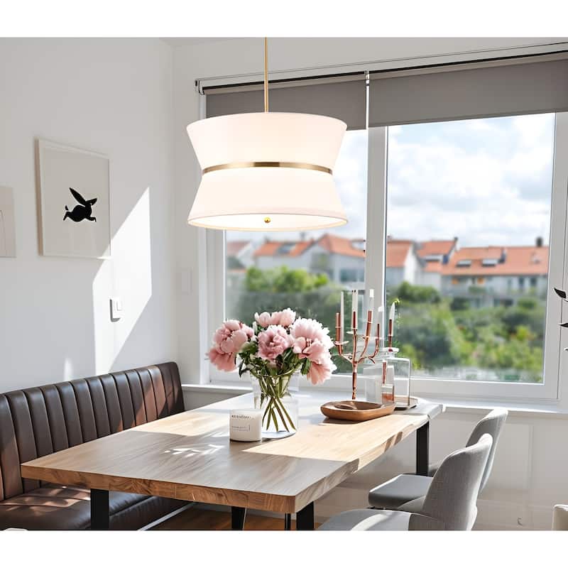 3-Light 18" Wide Gold Drum Design Modern Elegant Pendant Light with White Fabric Shade