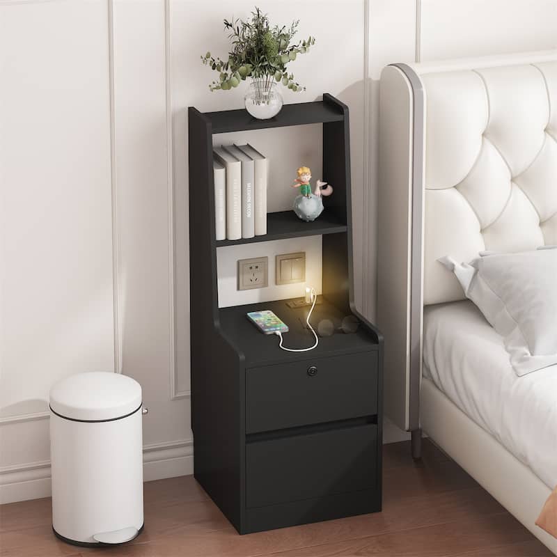 Nightstand w/ Charging Station, Night Light, Bookshelf,Storage Cabinet