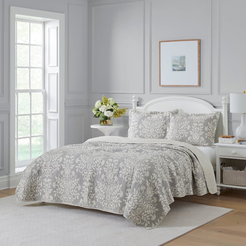Laura Ashley Rowland Cotton Reversible Grey Quilt Set