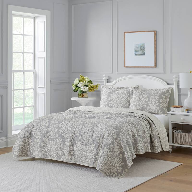 Laura Ashley Rowland Cotton Reversible Grey Quilt Set On Sale Bed Bath & Beyond 14690827