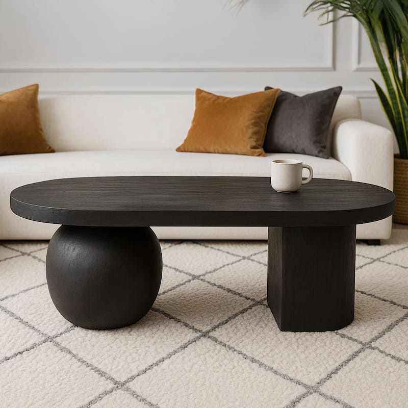 38 Inch Coffee Table, Oblong Mango Wood Top with a Modern Ball Leg - Sanblasted Black