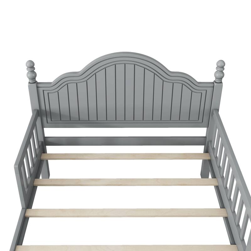 Roomfitters Twin/Full Platform Bed, Slatted Headboard and Removable Guardrails with Wooden Frame for Bedrooms or Guest Rooms