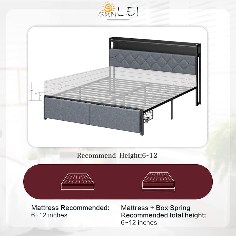 Queen Size Upholstered Bed with Storage Drawers, LED Headboard & USB Ports - Modern Fabric Platform Bed