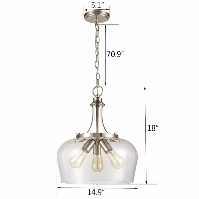 Madinari Modern Ceiling Pendant Light Clear Glass Pendant Lighting, 3-Bulbs