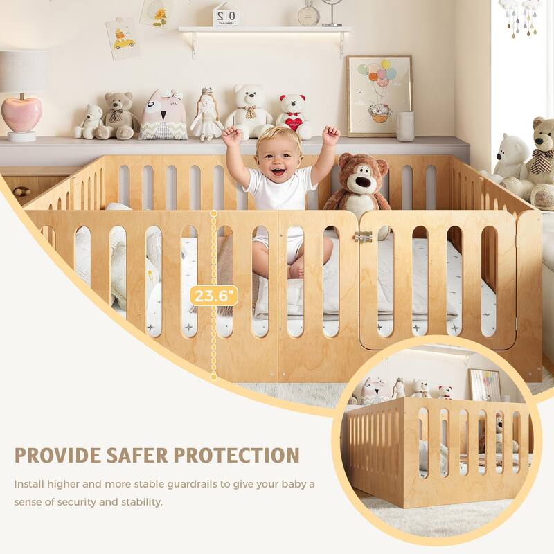 Queen Size Floor Bed with High Fence for Kids, Solid Wood Kids Montessori Bed with Door, No Box Spring Needed Design