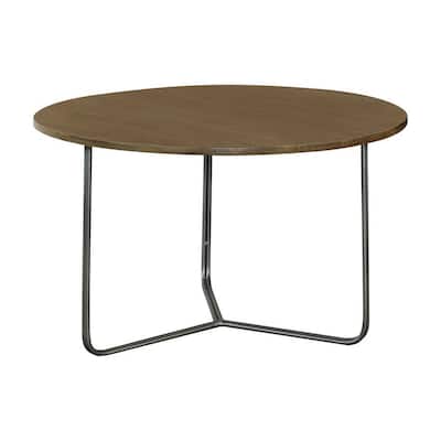 30 Inch Wood Round Accent Coffee Table with Triangular Base, Brown, Black