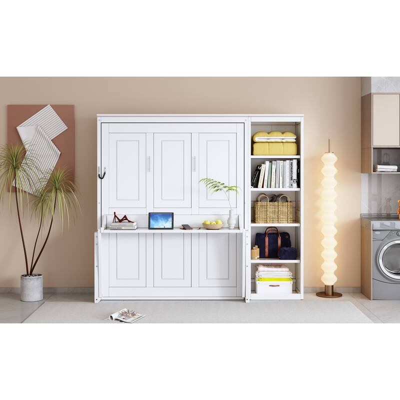 Space-Saving Full Size Murphy Bed with Integrated Desk and Bookshelf in White