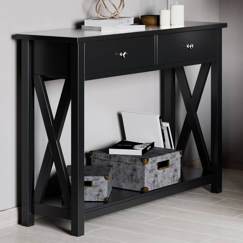 Console Table with Two Drawers – 2-Tier Entryway Table with Storage Shelf by Lavish Home (Black) - MDF - Black