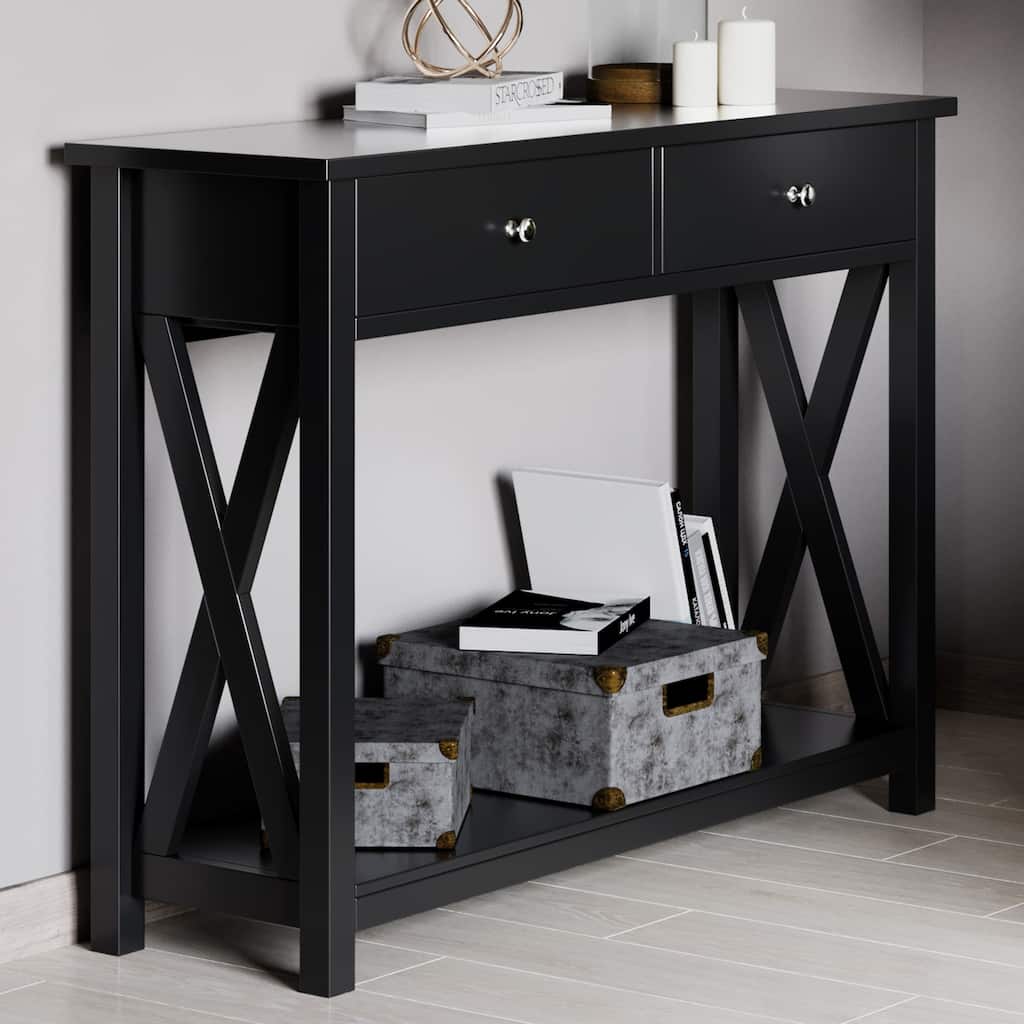 Console Table with Two Drawers – 2-Tier Entryway Table with Storage Shelf by Lavish Home (Black)