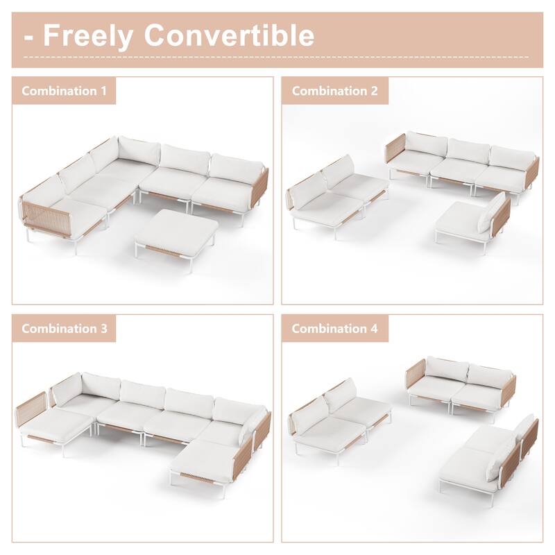Outdoor Patio Cushioned 6-seater Conversation Sectional Sofa Set - Combined by 6 chairs