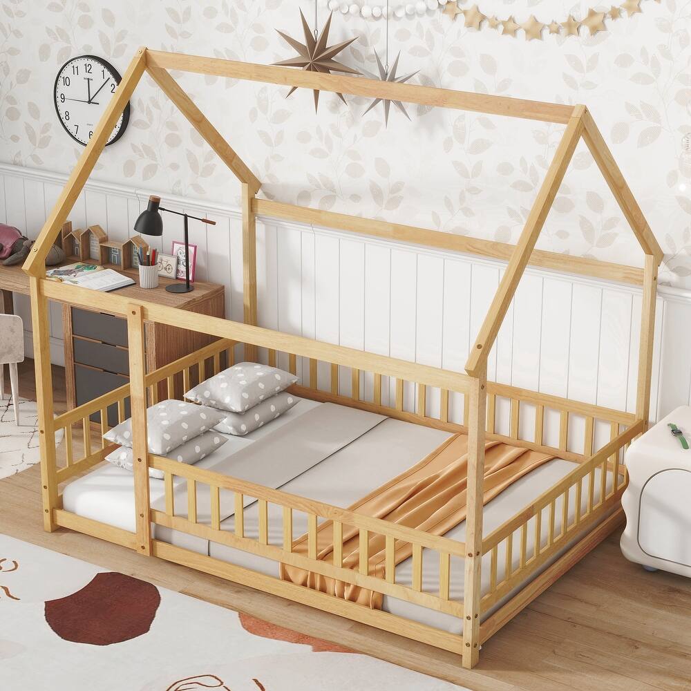 Full Size House Floor Wooden Bed with Roof Frame