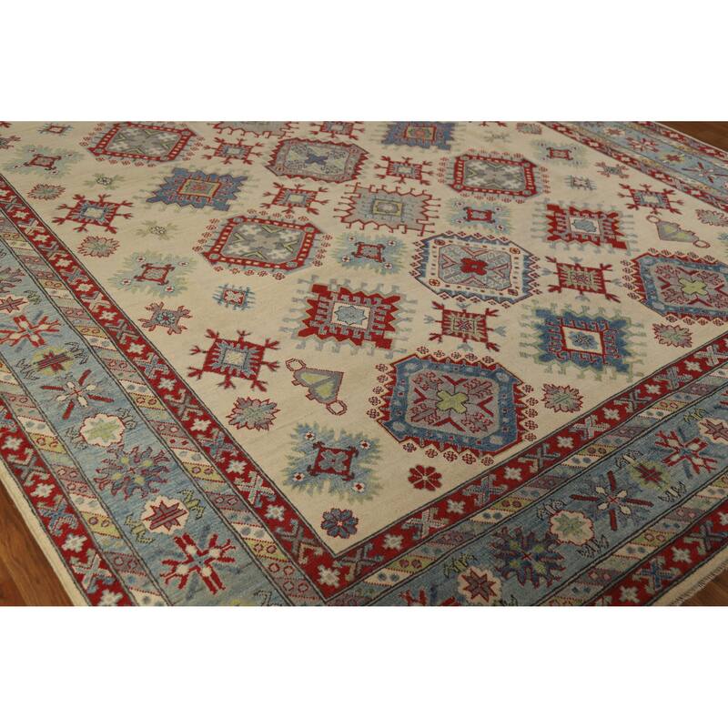 Hand Knotted Oriental 100% Wool Carpet Traditional Geometric Beige & Ivories Kazak Area Rug - 12' 0'' X 9' 1''