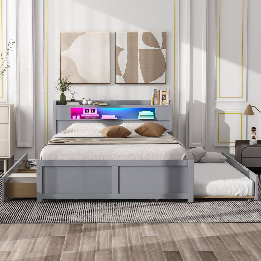Queen Size Platform Bed with LED Headboard, Trundle & Drawers