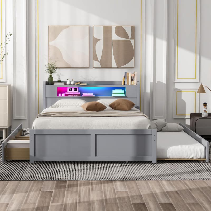 Queen Size Wood Storage Platform Bed with LED, 2 Drawers and 1 Twin Size Trundle, Gray