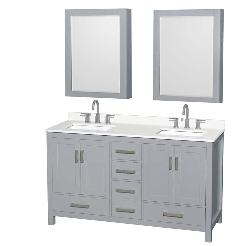 Sheffield 60-inch Double Vanity, 3 Hole Quartz Top, Med Cabinets - Gray, Chrome Trim, White Quartz Top