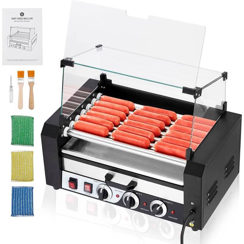 Hot Dog Roller with Warming Drawer, Stainless Steel Sausage Grill - 7 Rollers