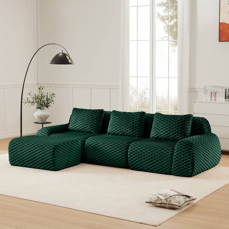 Flannelette Boneless Sectional Couch Sofa Set with Ottoman for Living Room - Green 3 Seat - 1 Ottoman