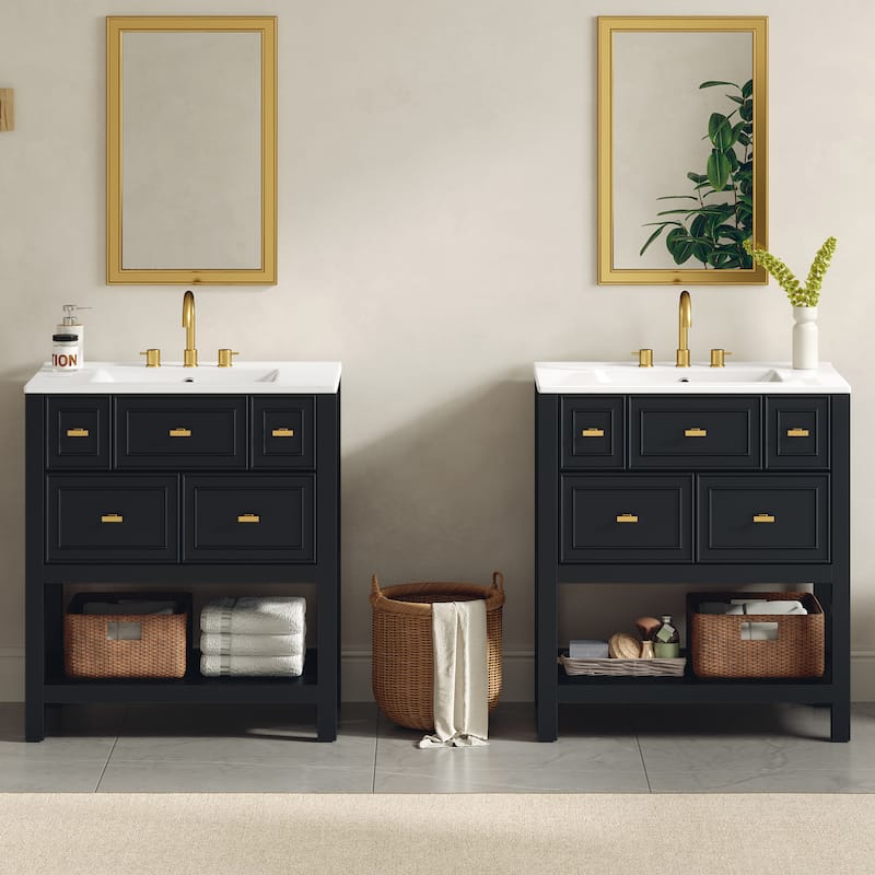60'' Bathroom Vanity With Ceramic Sink Combo, Free Standing Single Vanity Set With 5 Drawers,Solid Wood FrameStorage Cabinet - Black