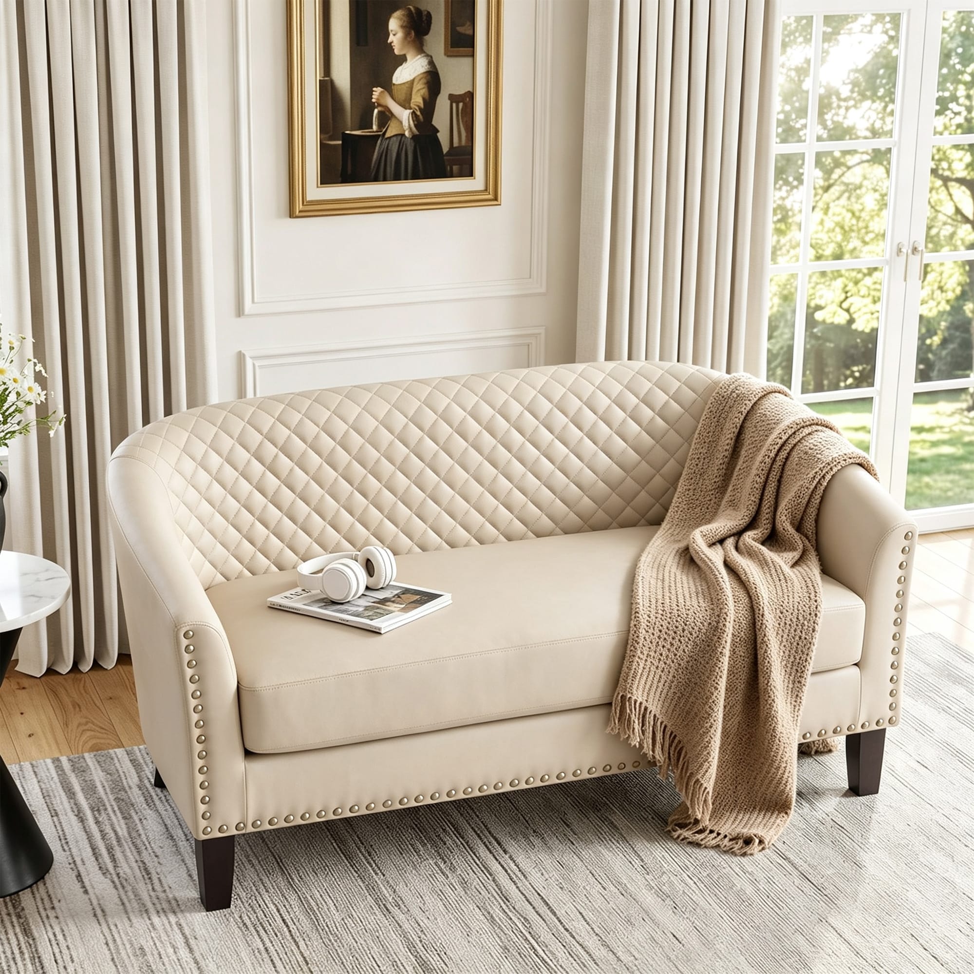 49.8" Faux Leather Tufted Nailhead Loveseat Sofa
