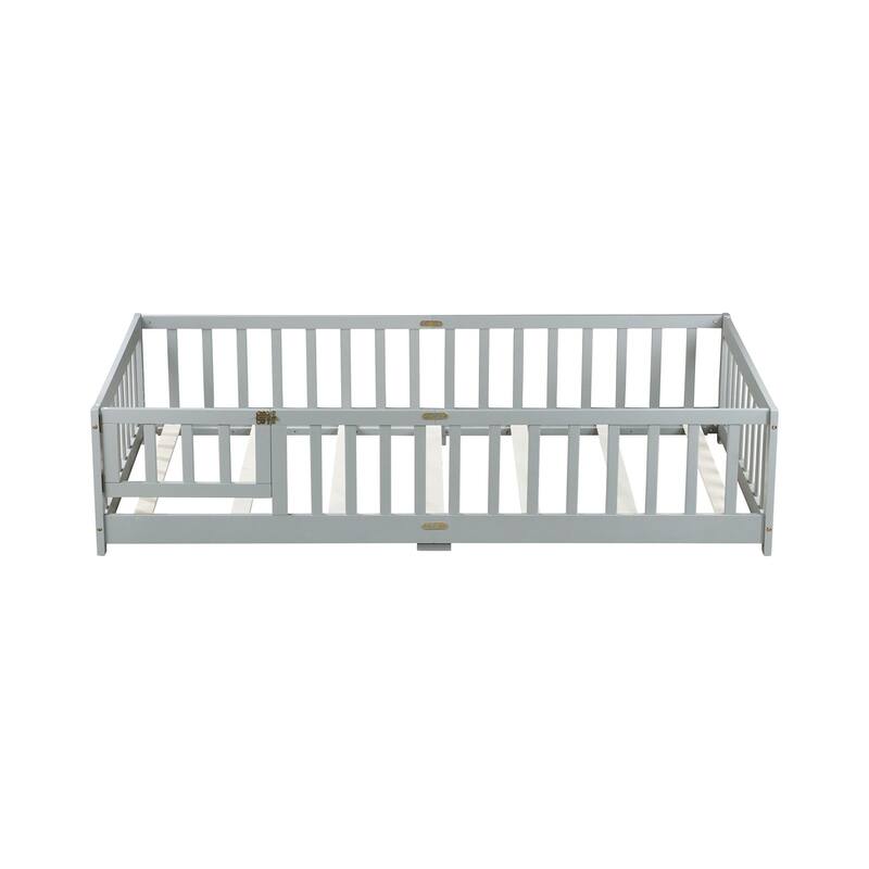 Twin Size Floor Bed with Fence and Door,Rubber Wood Floor Bed with Safety Guardrails