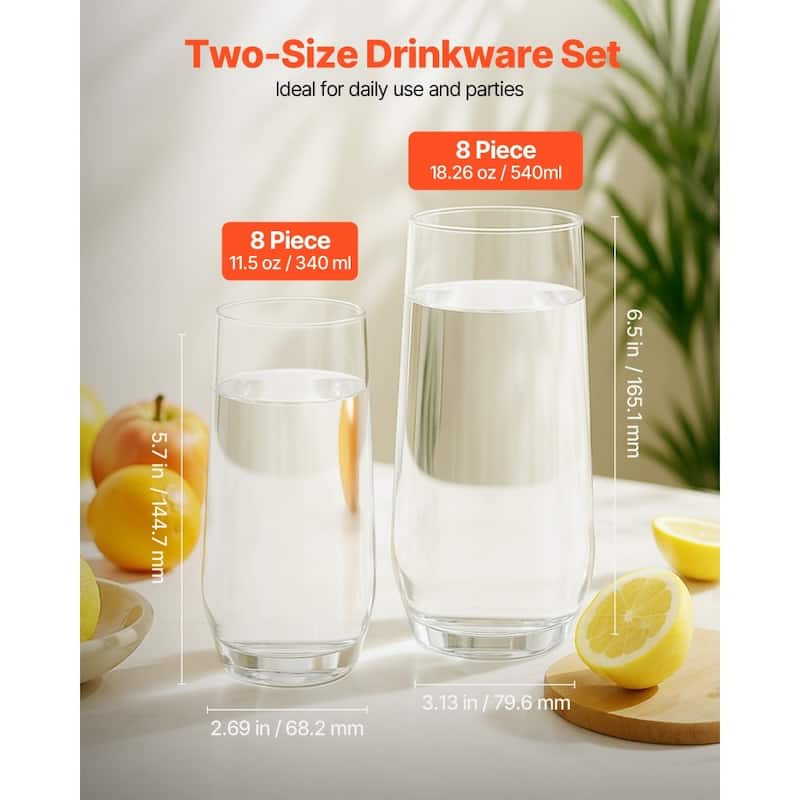 Clear Soda Lime Glass 16-Piece Drinking Set with 2 Sizes - 3.13 x 3.13 x 6.5 in