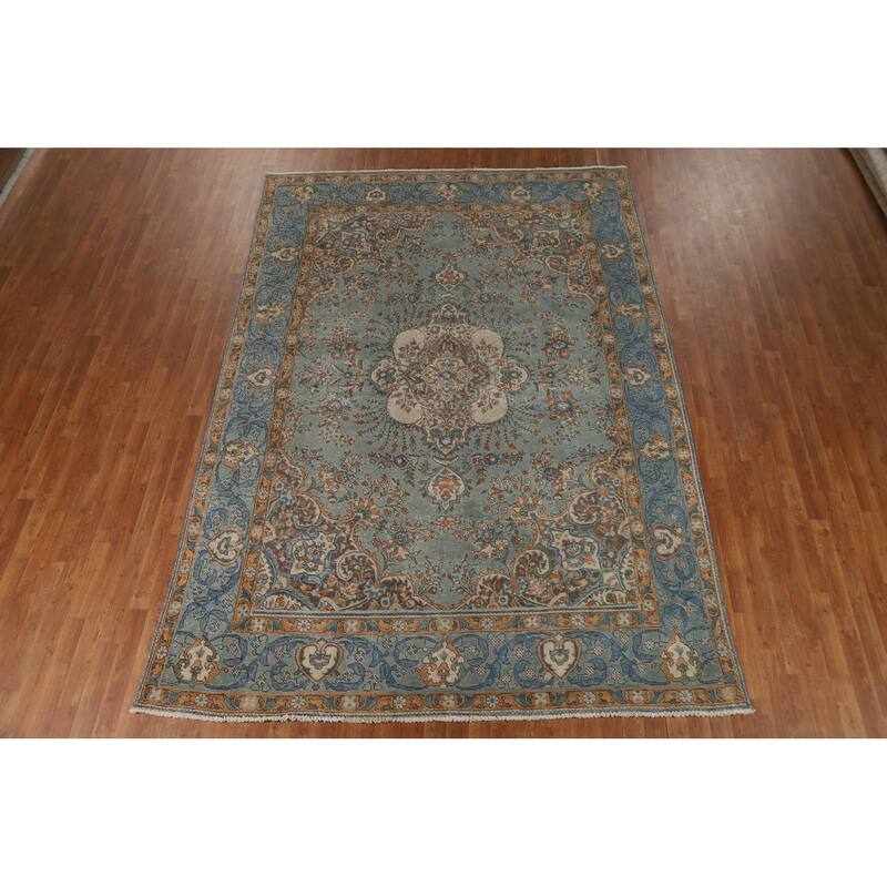 Light Blue Floral Tabriz Persian Rug Hand-Knotted Wool Carpet - 7'7"x 11'1"