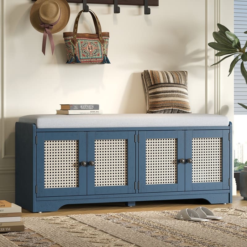 Rustic 47.4" Storage Bench Multifunctional Wooden Entryway Organizer with Removable Cushion and Rattan Doors - Navy Blue