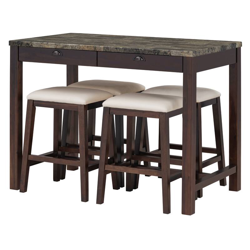 Modern Faux Marble Bar Table Set with Storage & Stools