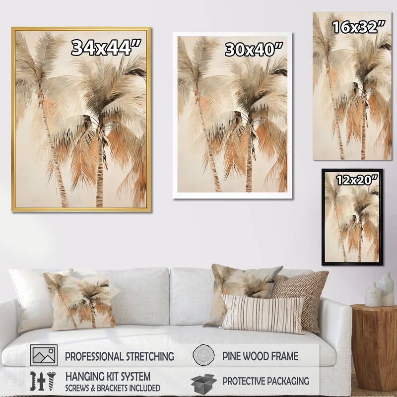 Designart "Minimalism Vintage Tropical Tranquility Palm Trees II" Palms & Palm Trees Framed Wall Art Prints