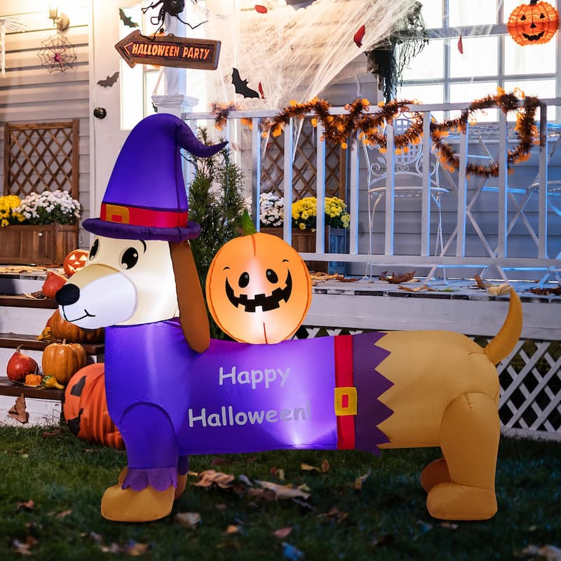 Gymax 5FT Inflatable Halloween Dachshund Dog & Ghost Pumpkin Holiday
